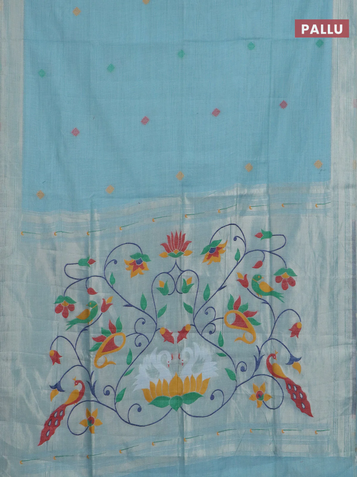 Jamdhani cotton saree teal green with thread woven buttas and jamdhani pallu - Image 3