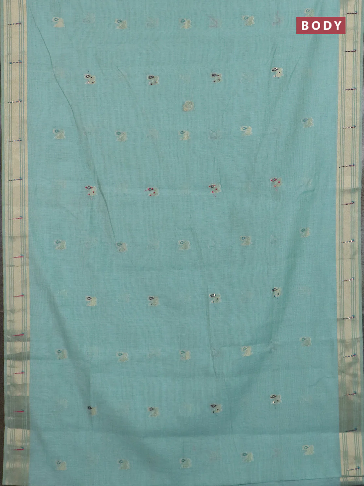 Jamdhani cotton saree teal shade with thread woven buttas & embroidery work and embroidery jamdhani pallu - Image 2
