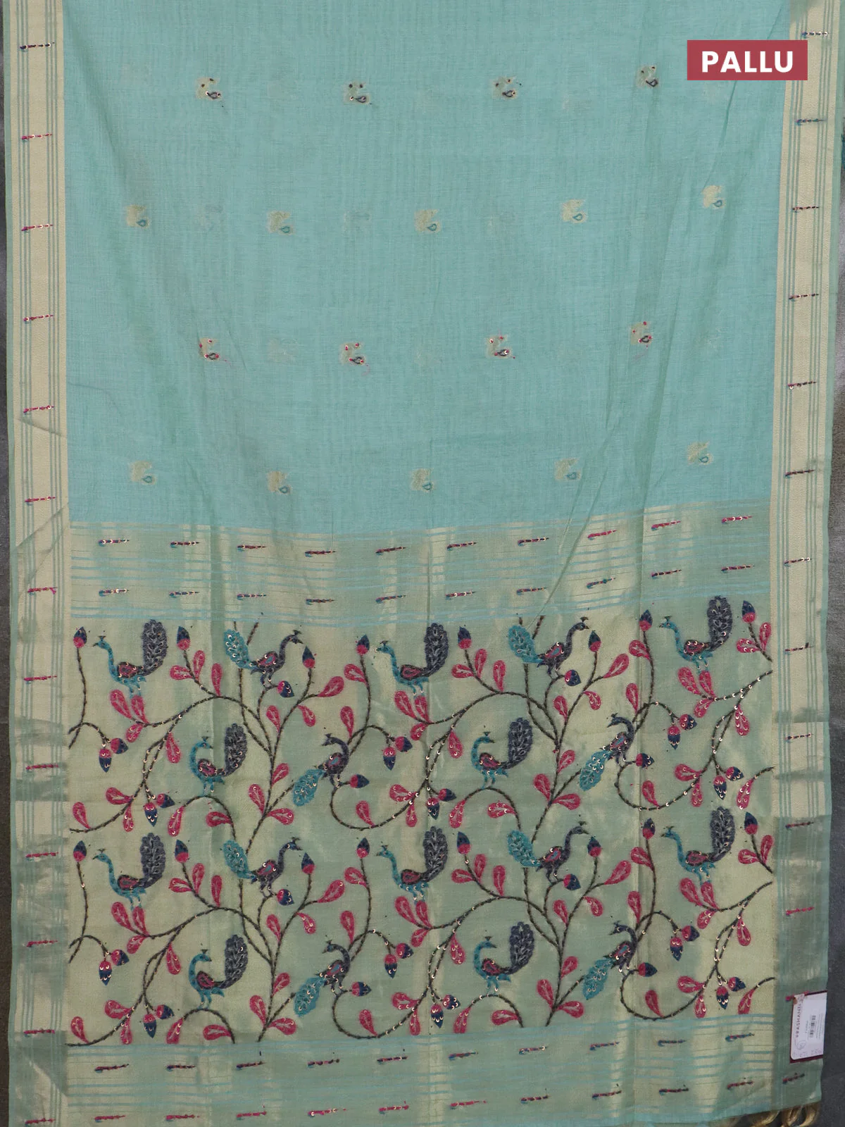 Jamdhani cotton saree teal shade with thread woven buttas & embroidery work and embroidery jamdhani pallu - Image 3