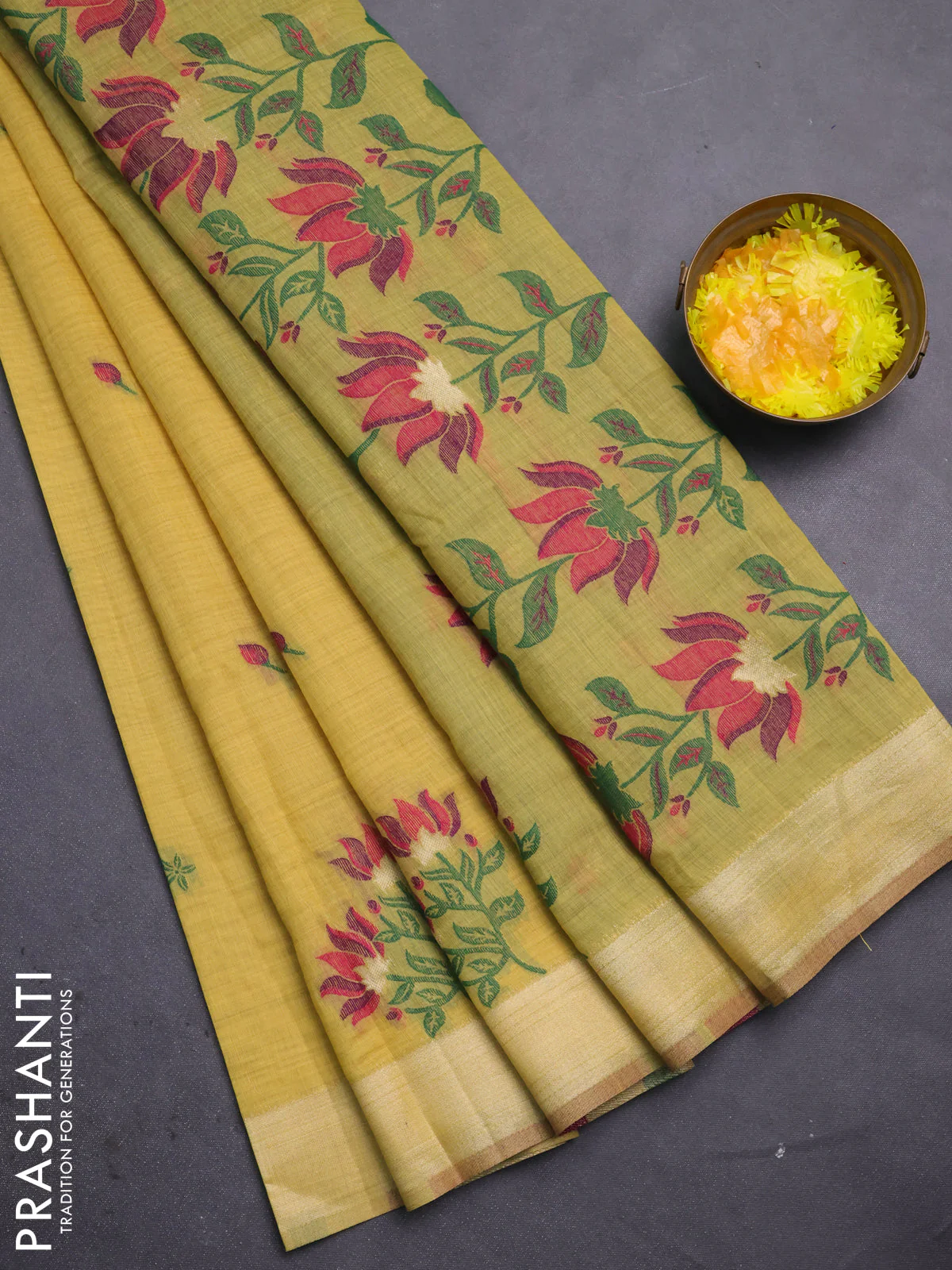 Jamdhani cotton saree yellow and green with allover thread woven buttas and jamdhani pallu
