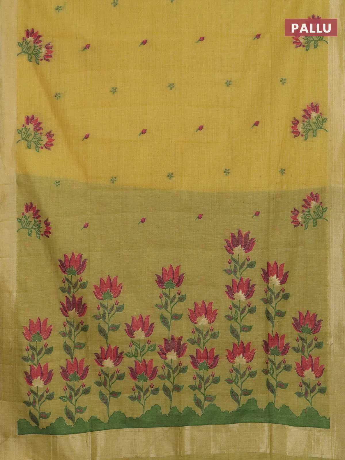 Jamdhani cotton saree yellow and green with allover thread woven buttas and jamdhani pallu - Image 3