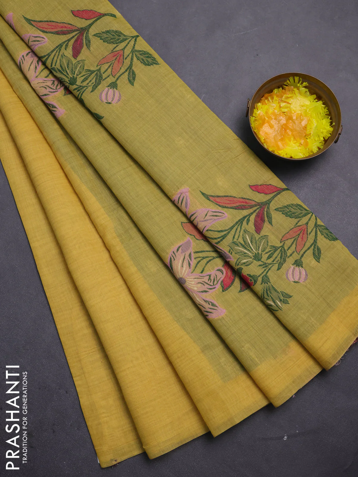 Jamdhani cotton saree yellow and green with allover thread woven buttas and jamdhani pallu