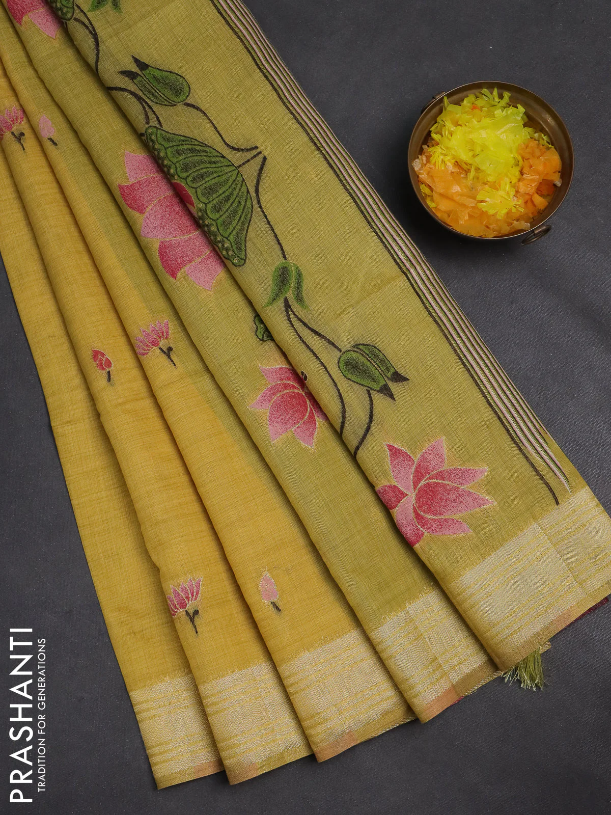 Jamdhani cotton saree yellow and light green with thread & zari woven buttas and pichwai pallu - Image 2