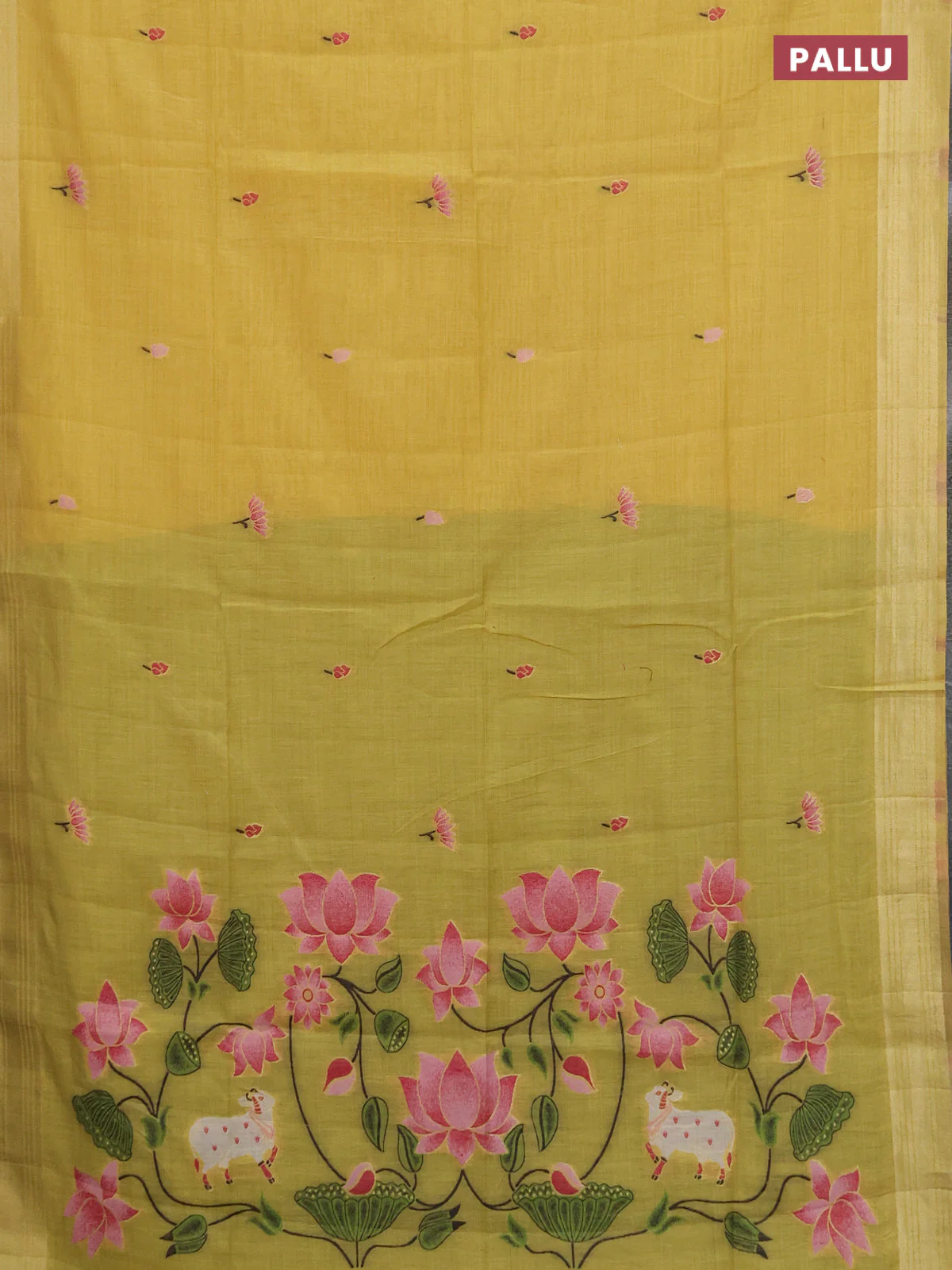 Jamdhani cotton saree yellow and light green with thread & zari woven buttas and pichwai pallu - Image 4