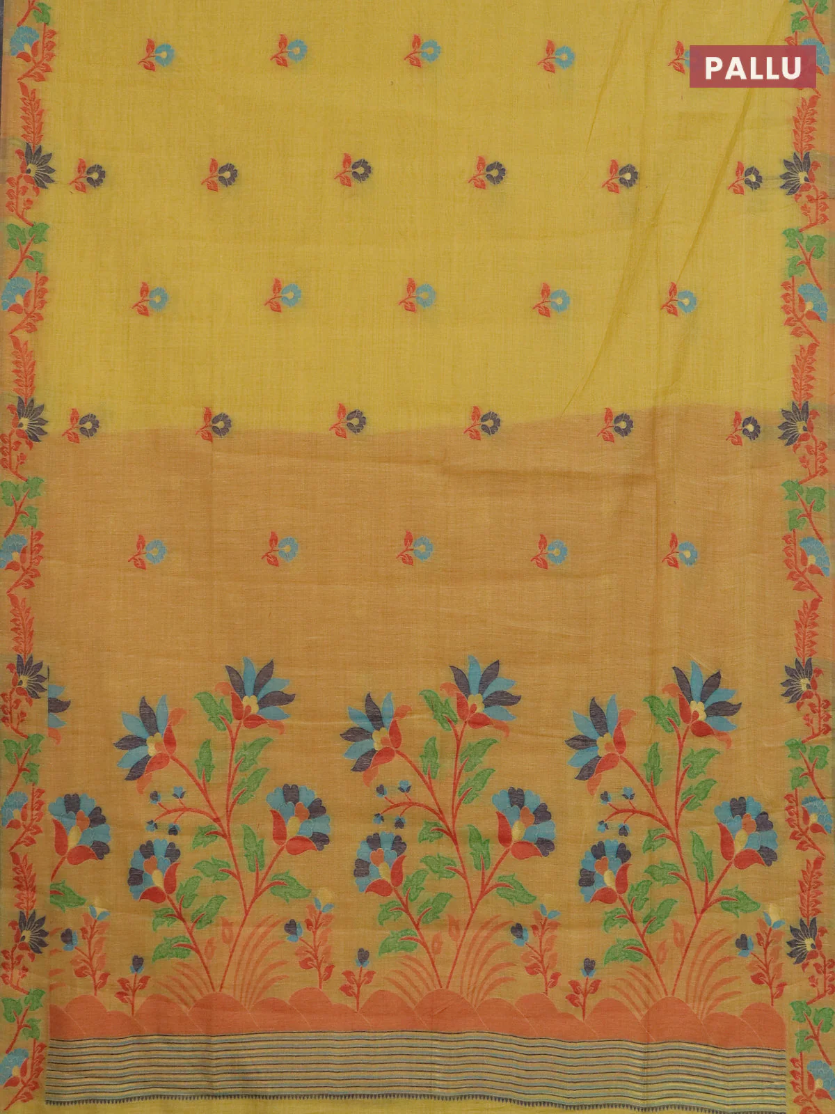 Jamdhani cotton saree yellow and red with allover thread woven buttas and jamdhani pallu - Image 3