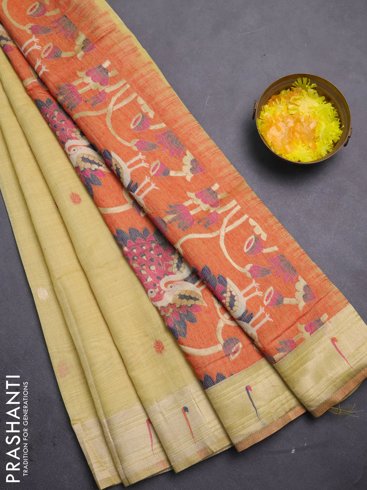 Jamdhani cotton saree yellow and red with thread & zari woven buttas and jamdhani pallu