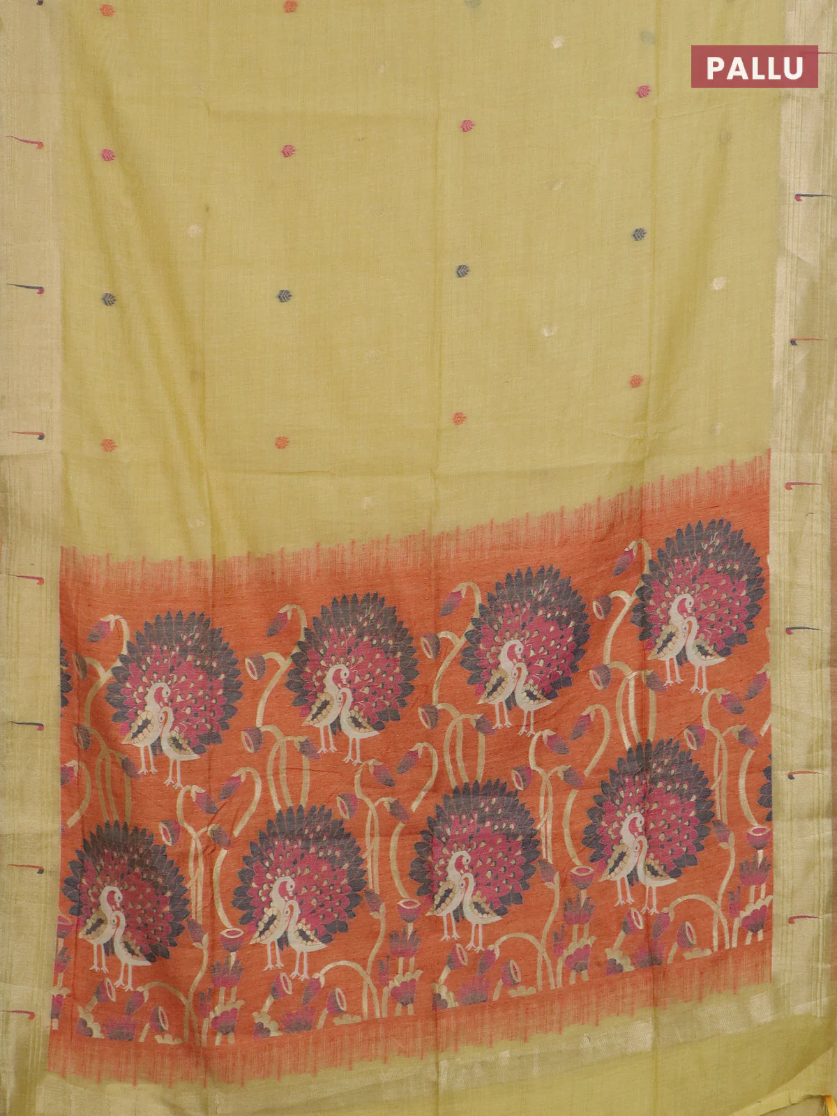 Jamdhani cotton saree yellow and red with thread & zari woven buttas and jamdhani pallu - Image 3