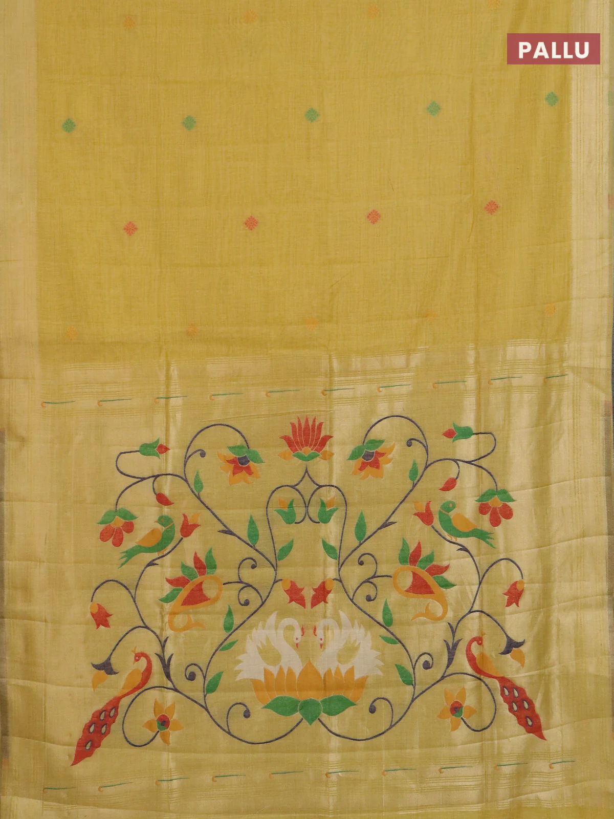 Jamdhani cotton saree yellow with thread woven buttas and jamdhani pallu - Image 3