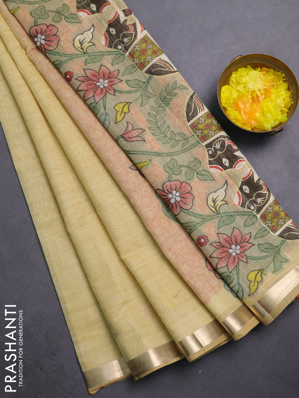 Jamdhani cotton saree yellow with thread woven buttas and thread weaving pallu
