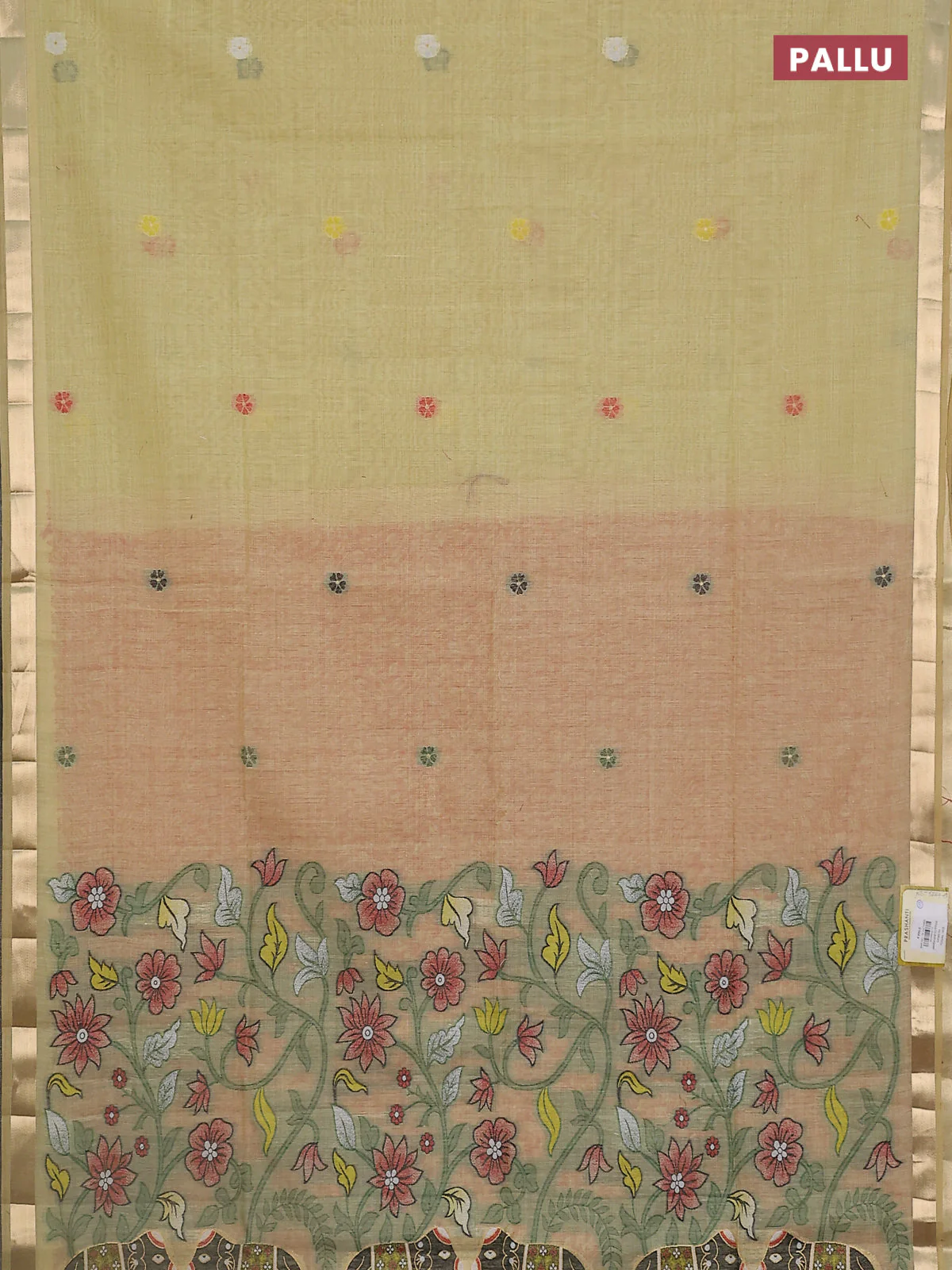Jamdhani cotton saree yellow with thread woven buttas and thread weaving pallu - Image 3