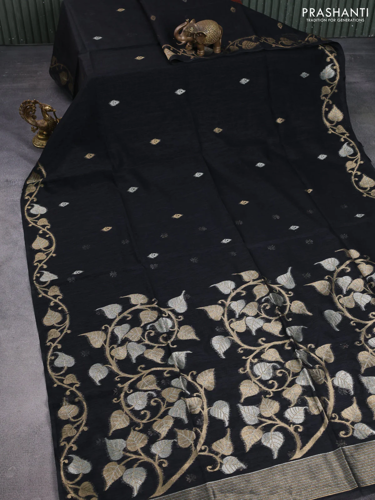 Jute linen saree black with zari woven buttas and leaf zari woven border - Image 2