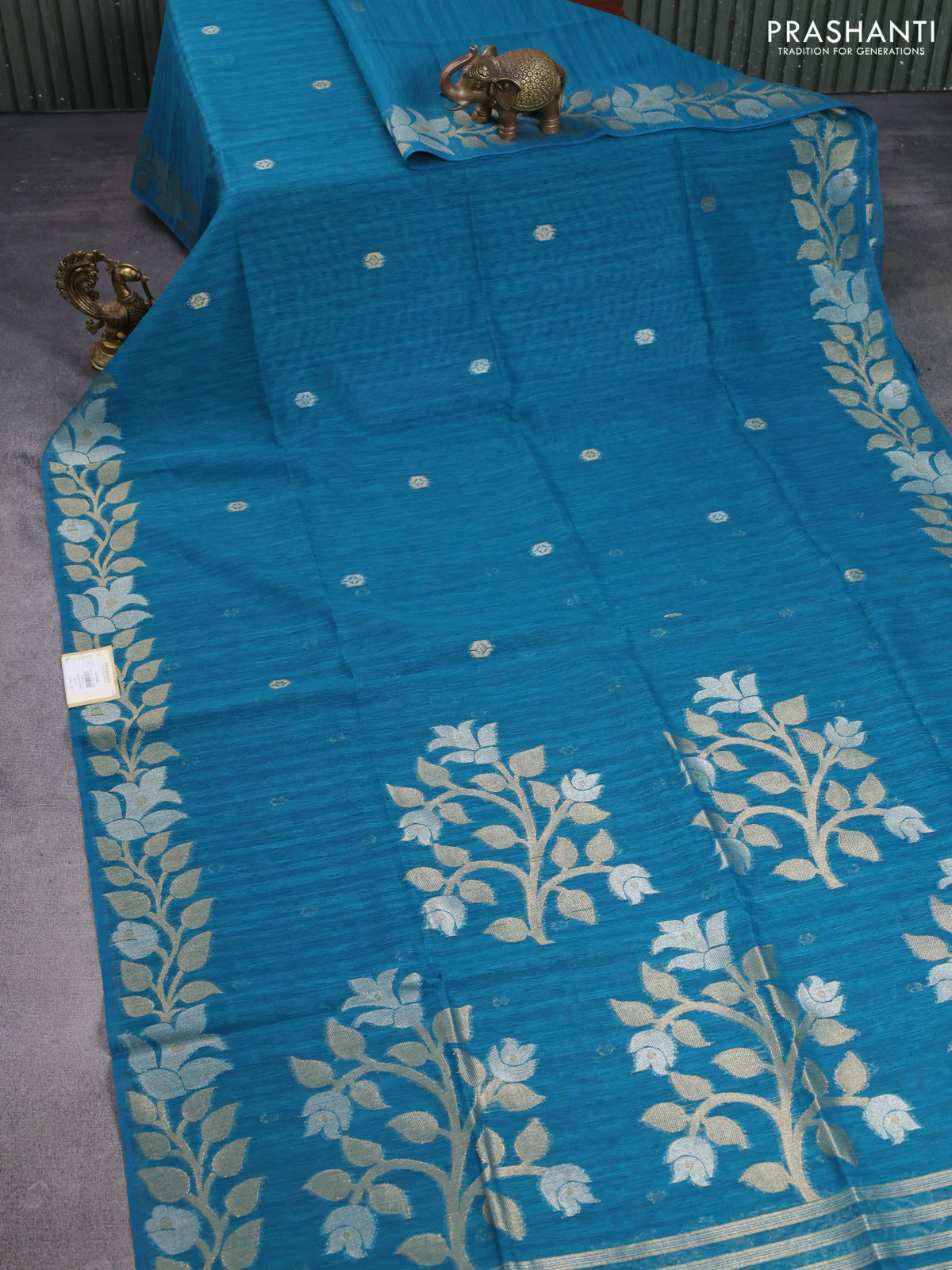 Jute linen saree teal blue with zari woven buttas and floral zari woven border - Image 2