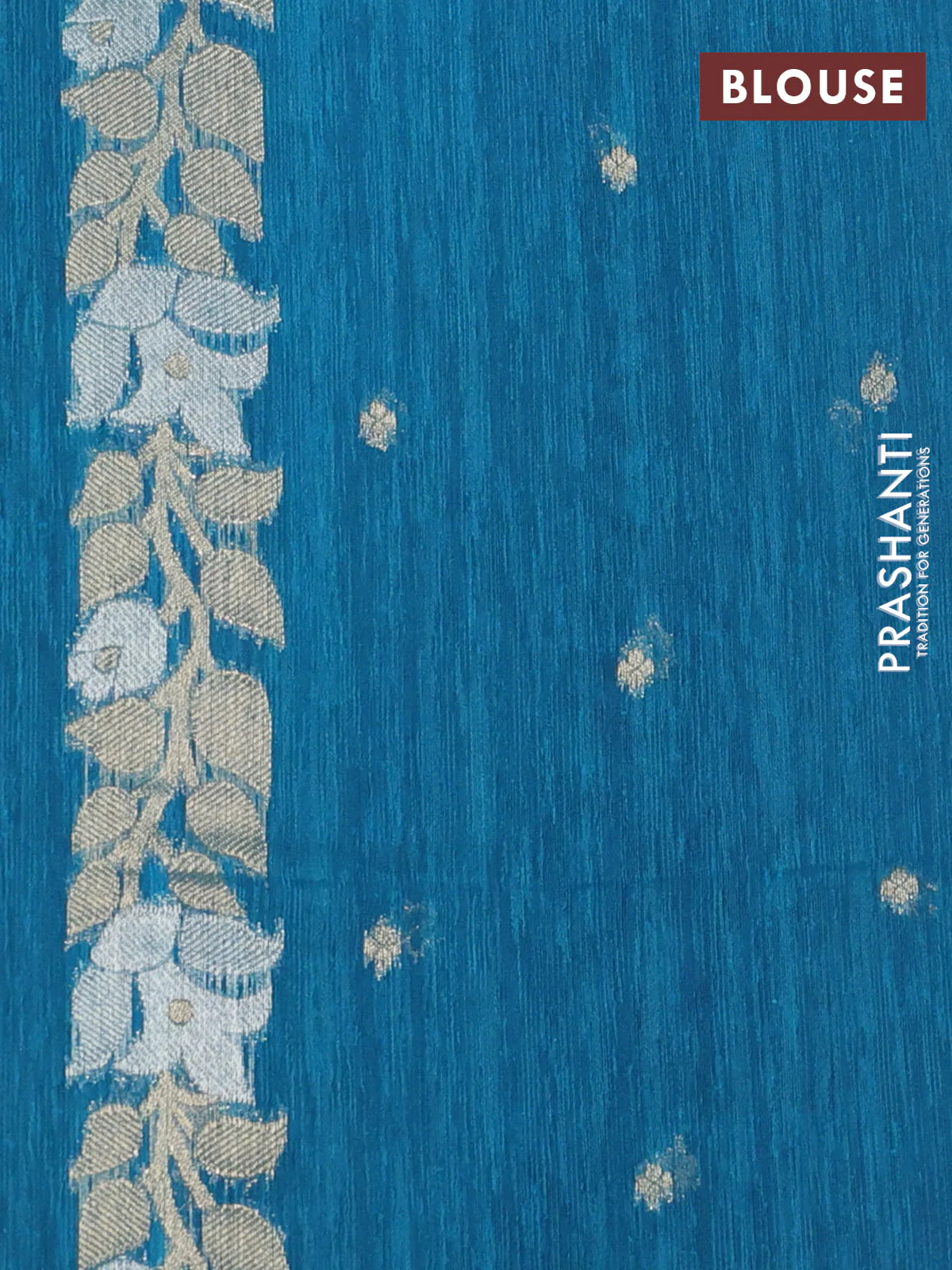 Jute linen saree teal blue with zari woven buttas and floral zari woven border - Image 3