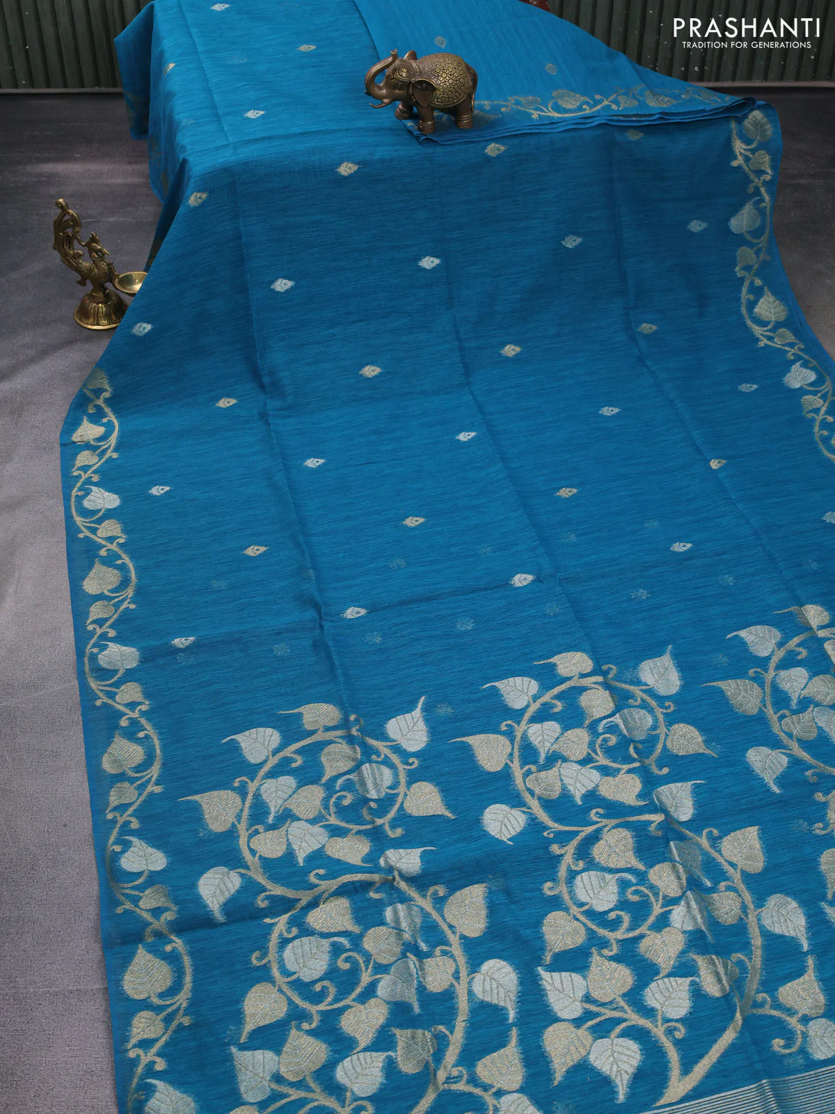 Jute linen saree teal blue with zari woven buttas and leaf zari woven border - Image 2