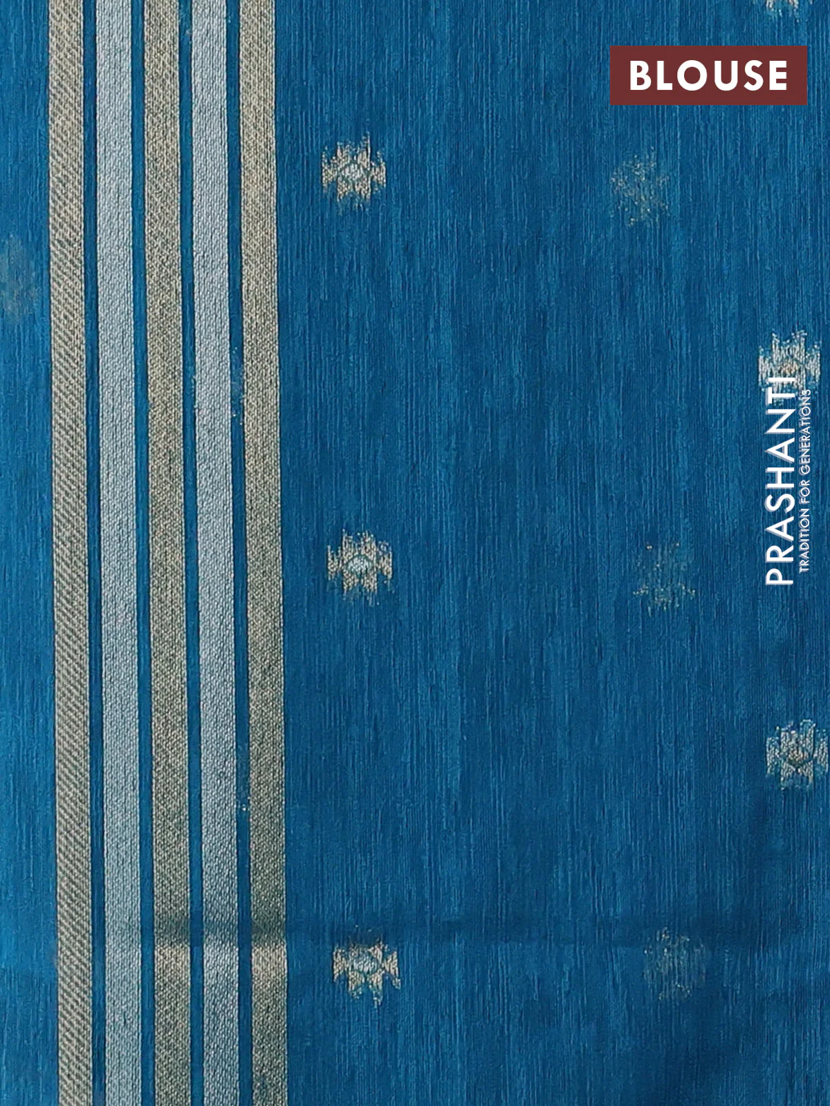 Jute linen saree teal blue with zari woven buttas and leaf zari woven border - Image 3