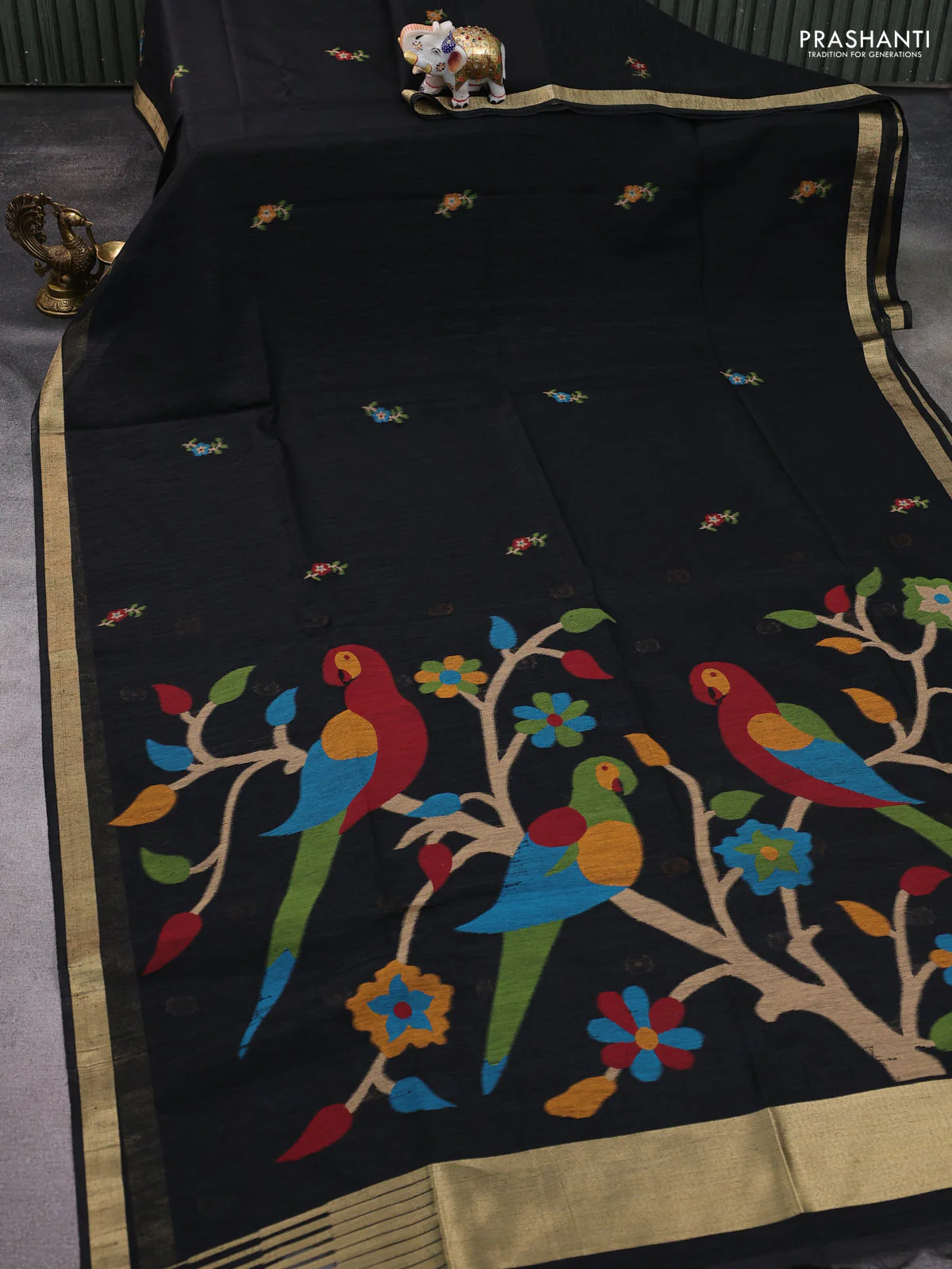 Jute saree black with floral thread woven buttas and jamdhani pallu