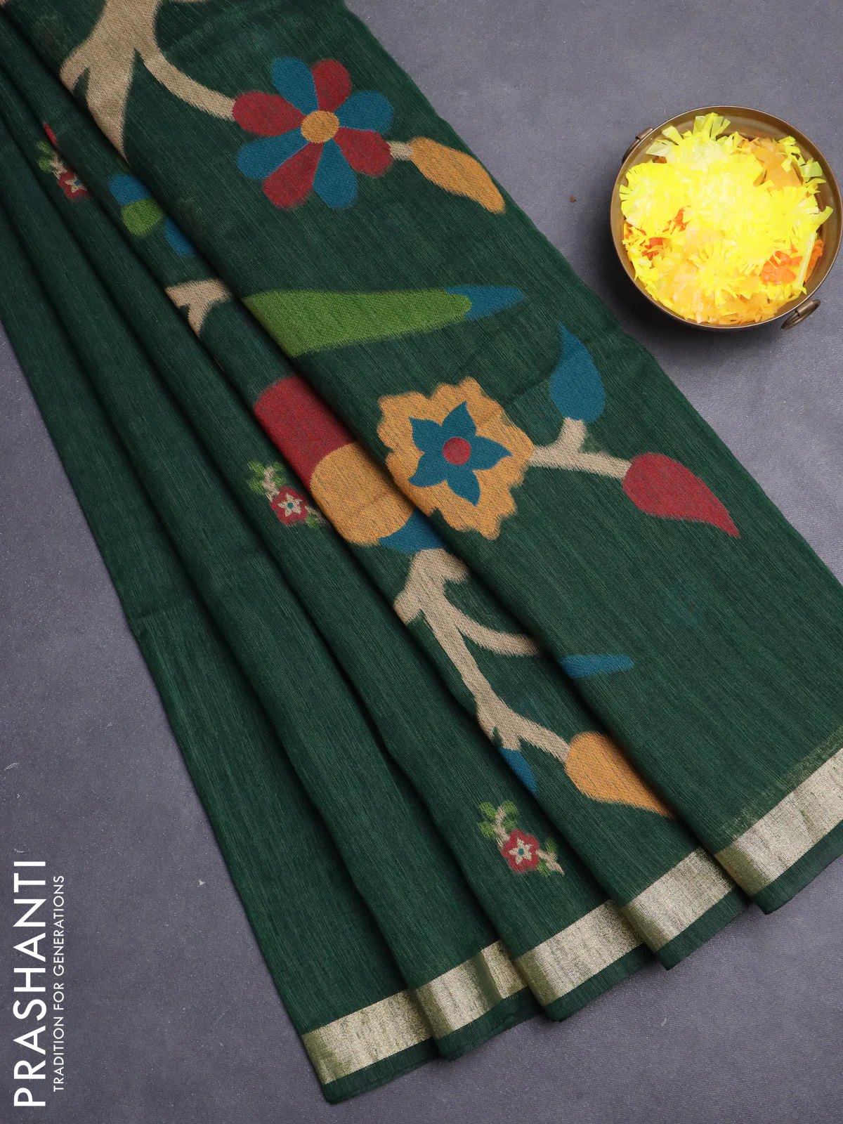Jute saree dark green with floral thread woven buttas and jamdhani pallu - Image 2