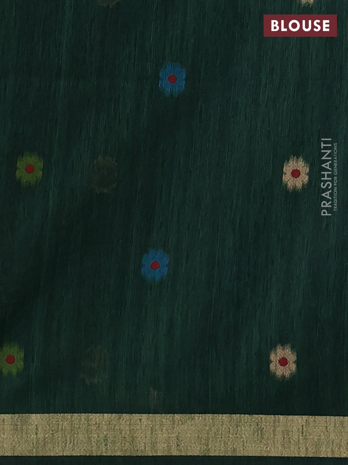 Jute saree dark green with floral thread woven buttas and jamdhani pallu - Image 3