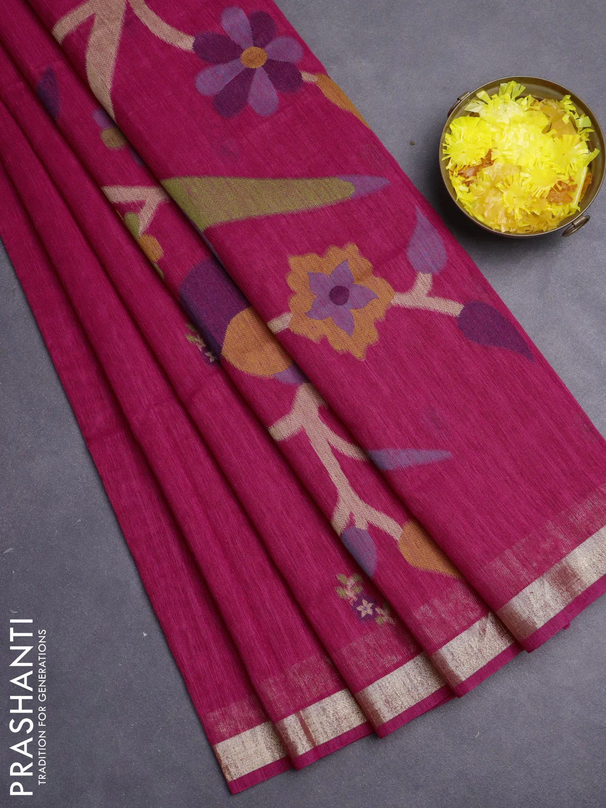 Jute saree pink with floral thread woven buttas and jamdhani pallu - Image 2