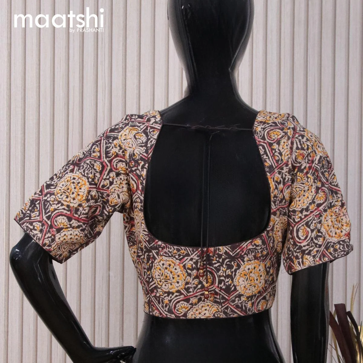 Kalamkari cotton readymade blouse black and beige with allover prints and back knot - Image 2