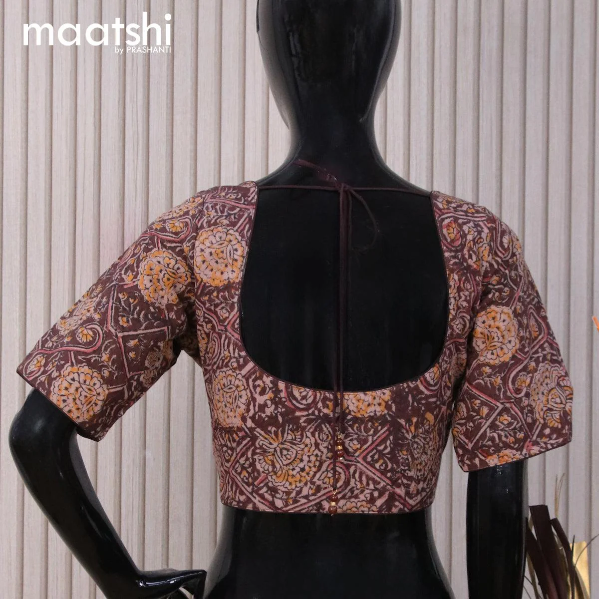 Kalamkari cotton readymade blouse coffee brown with allover prints and back knot - Image 2