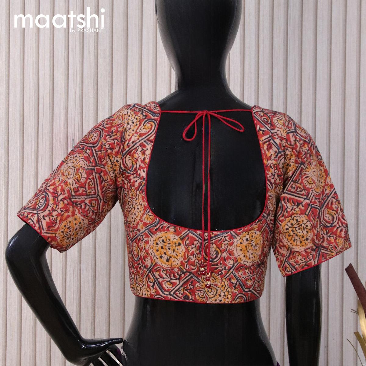 Kalamkari cotton readymade blouse maroon and beige with allover prints and back knot - Image 2