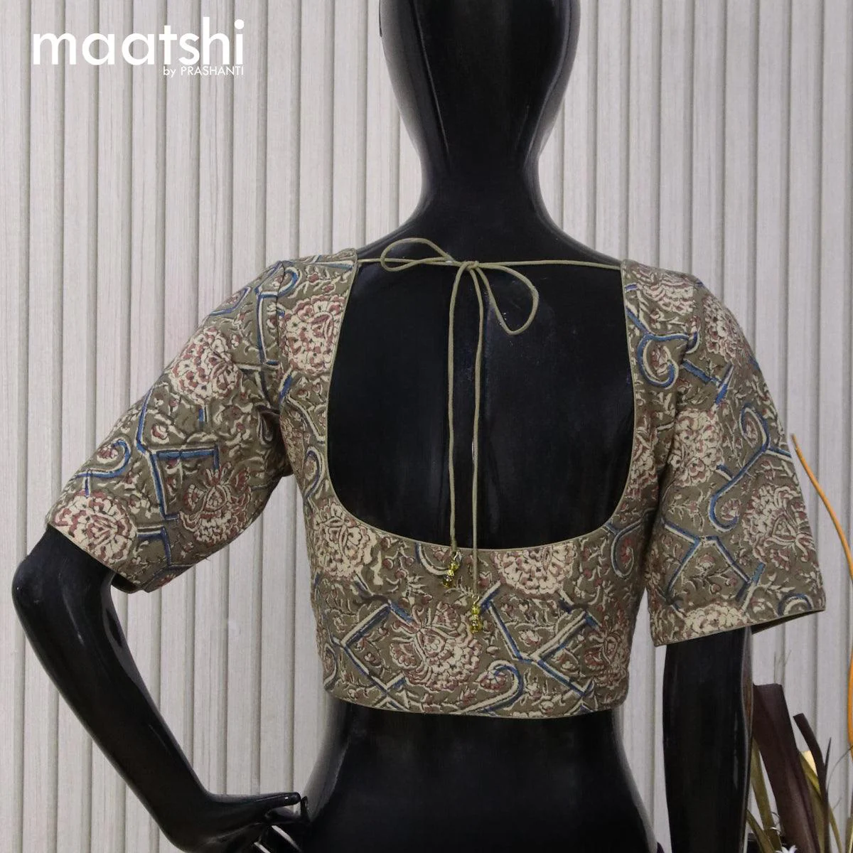 Kalamkari cotton readymade blouse military green with allover prints and back knot - Image 2