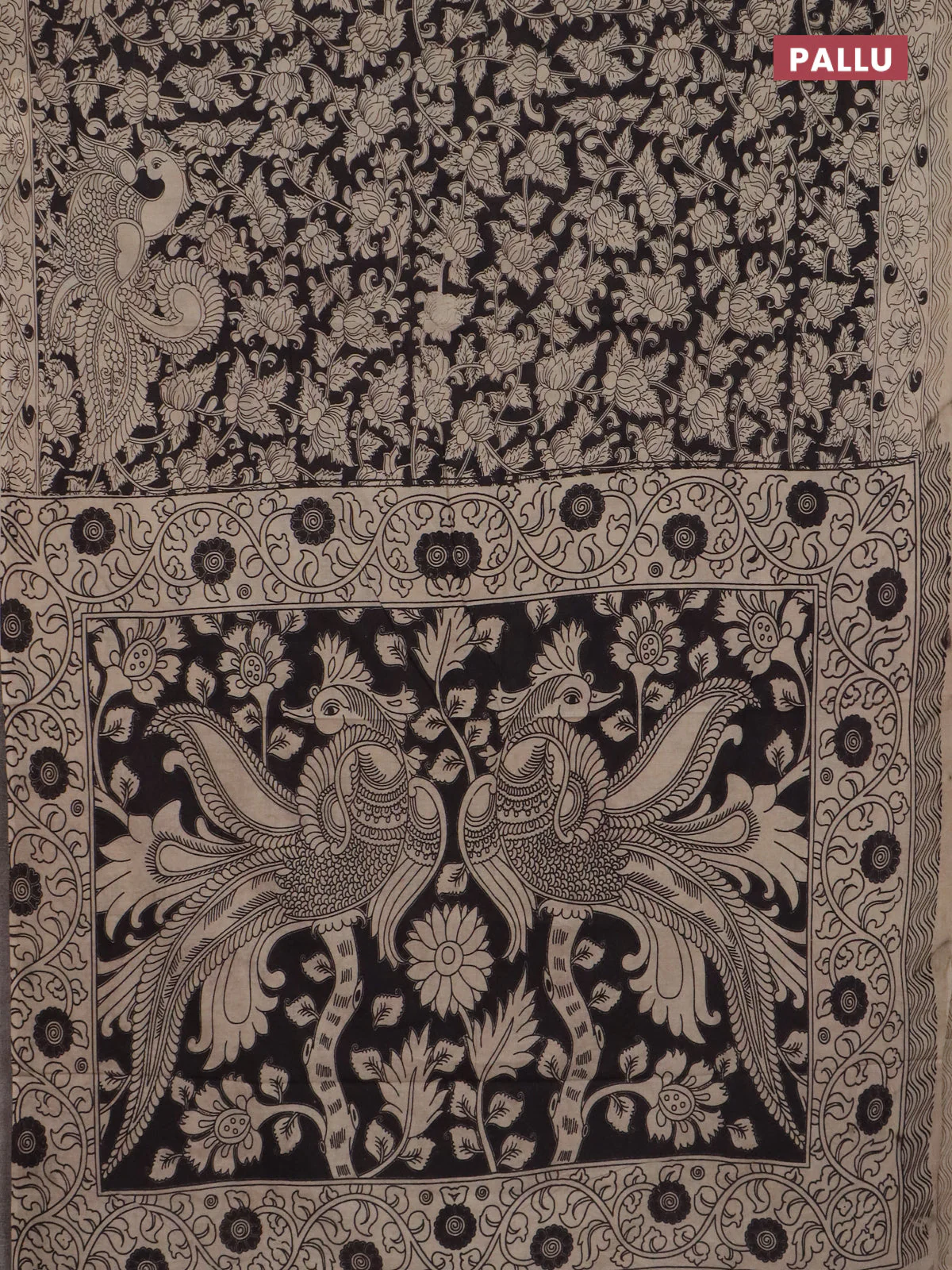 Kalamkari cotton saree beige and black with allover prints and printed border - Image 3