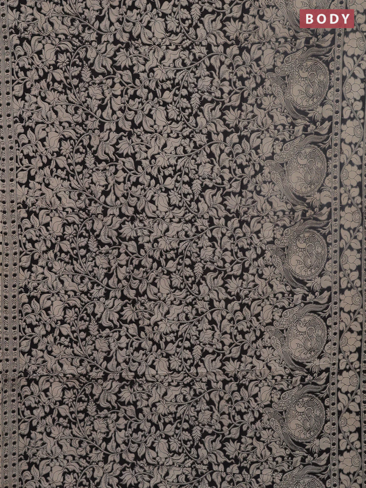 Kalamkari cotton saree beige and black with allover prints and printed border - Image 2