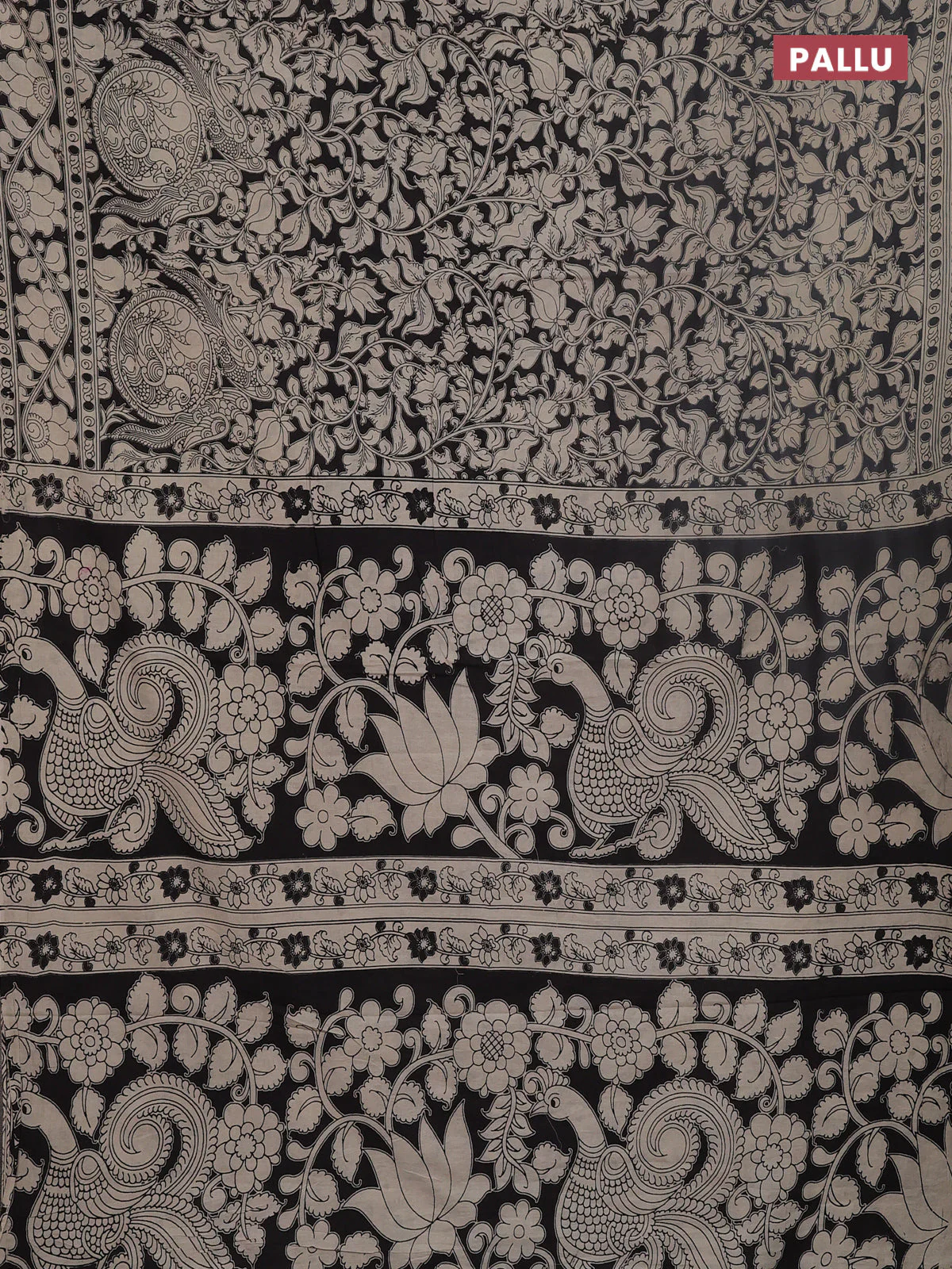 Kalamkari cotton saree beige and black with allover prints and printed border - Image 3
