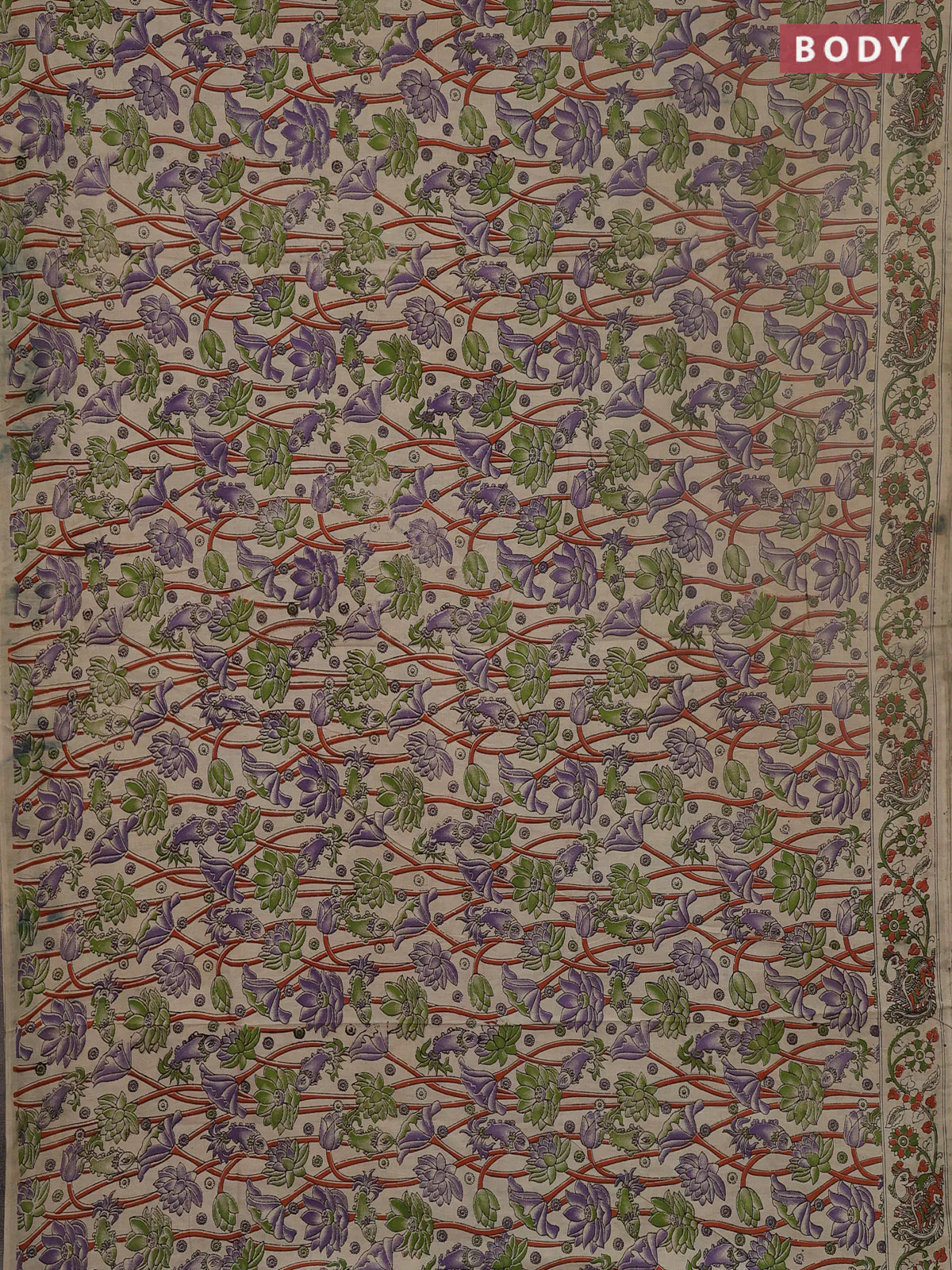 Kalamkari cotton saree beige and lavender with allover prints and printed border - Image 2