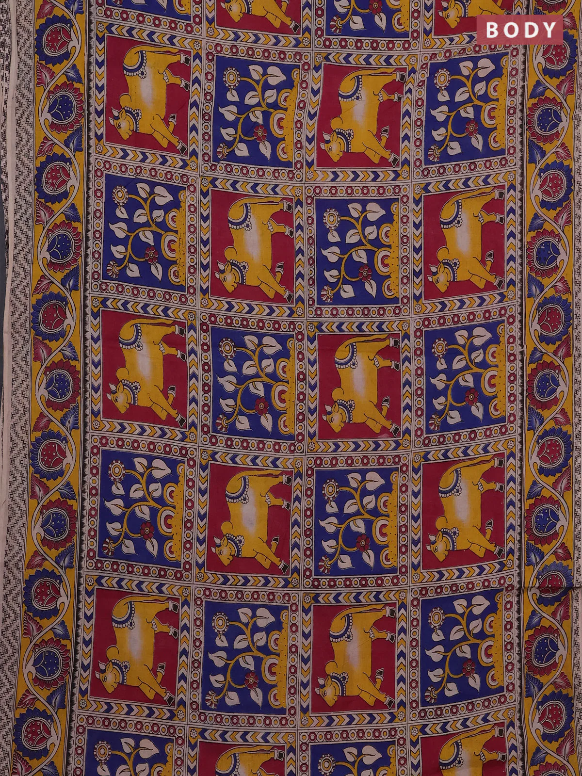 Kalamkari cotton saree beige and magenta pink with allover pichwai prints and printed border - Image 2