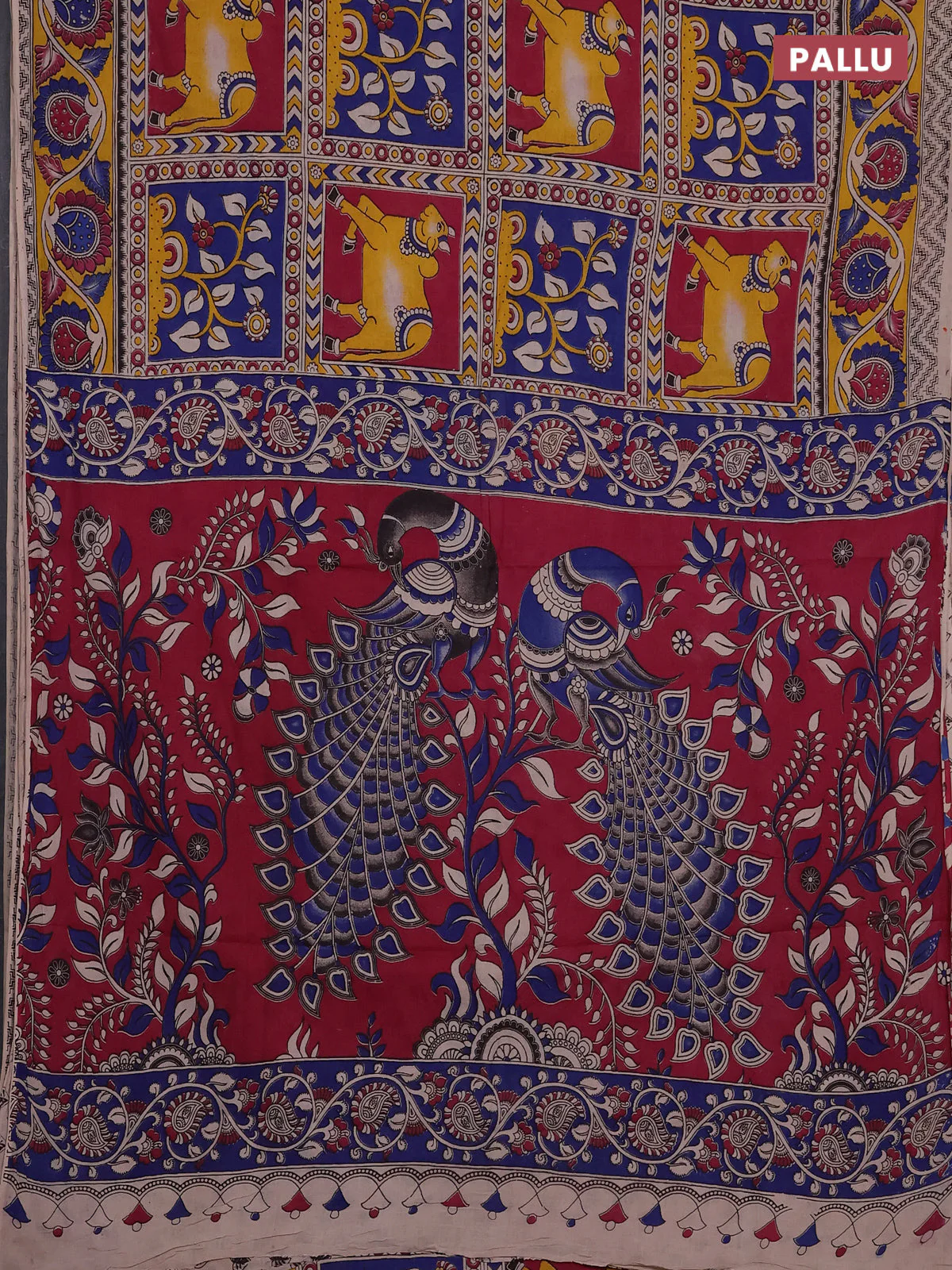 Kalamkari cotton saree beige and magenta pink with allover pichwai prints and printed border - Image 3