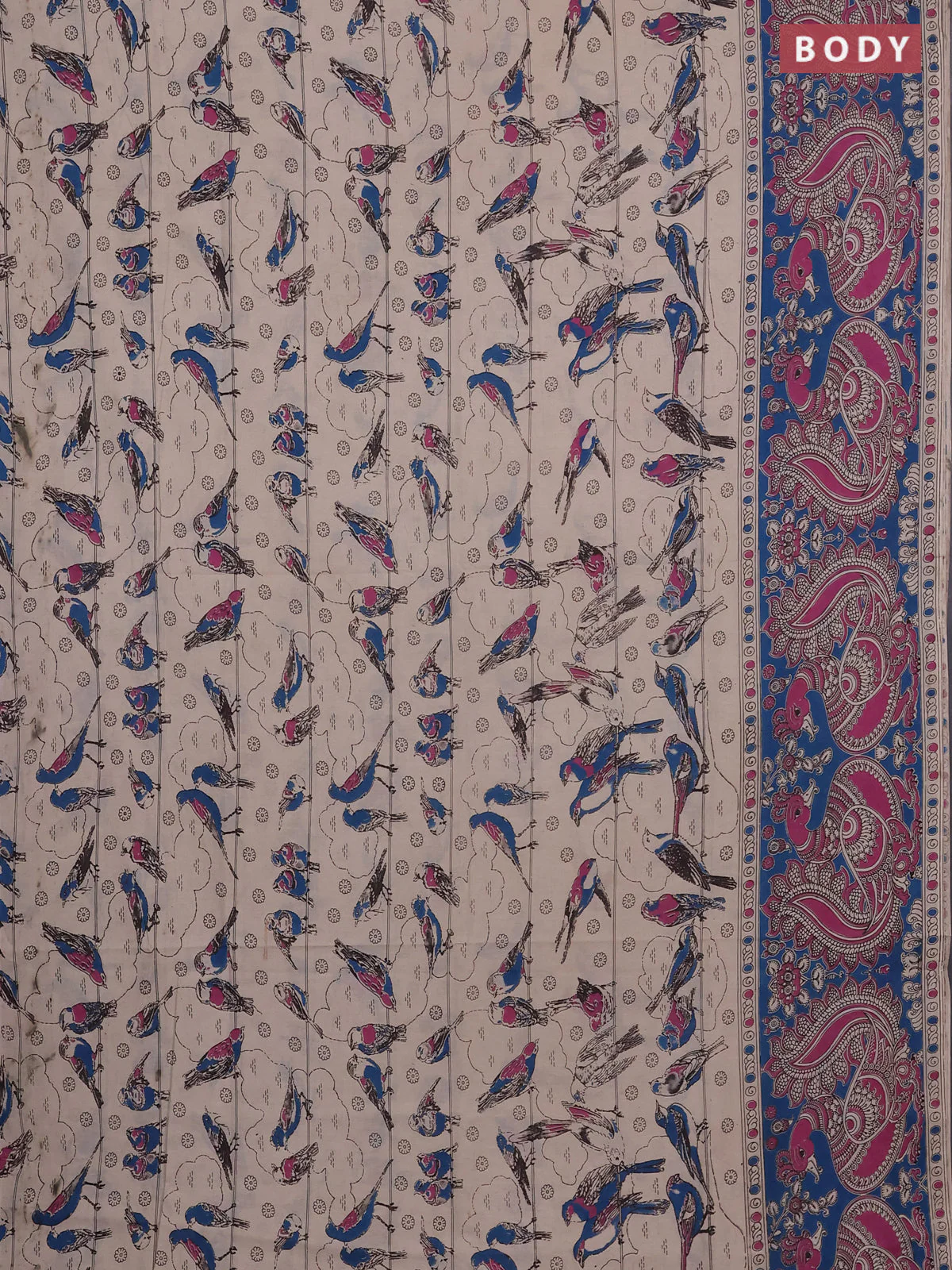 Kalamkari cotton saree beige and magenta pink with allover prints and long printed border - Image 2