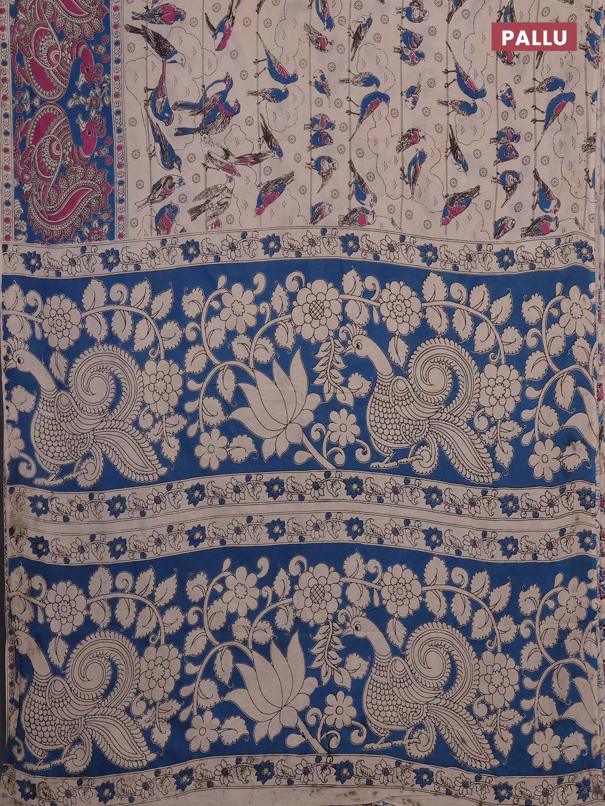 Kalamkari cotton saree beige and magenta pink with allover prints and long printed border - Image 3