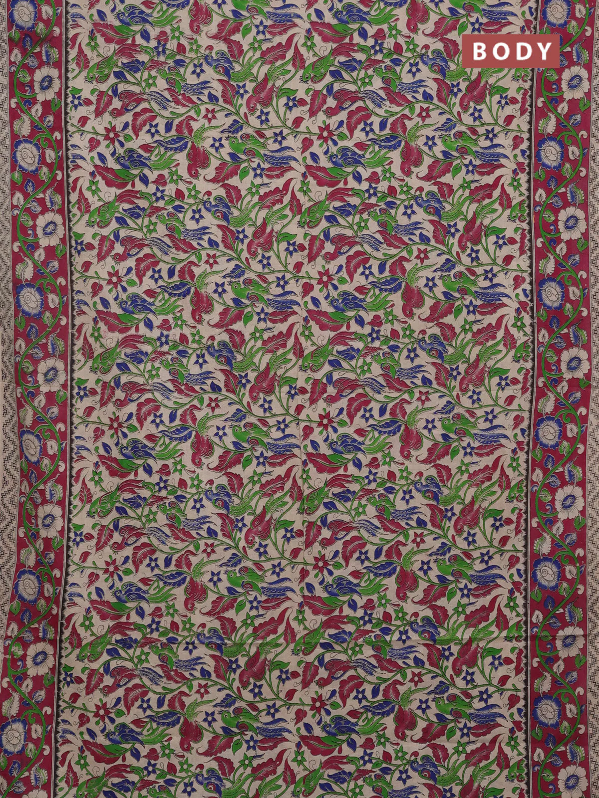 Kalamkari cotton saree beige and magenta pink with allover prints and printed border - Image 2