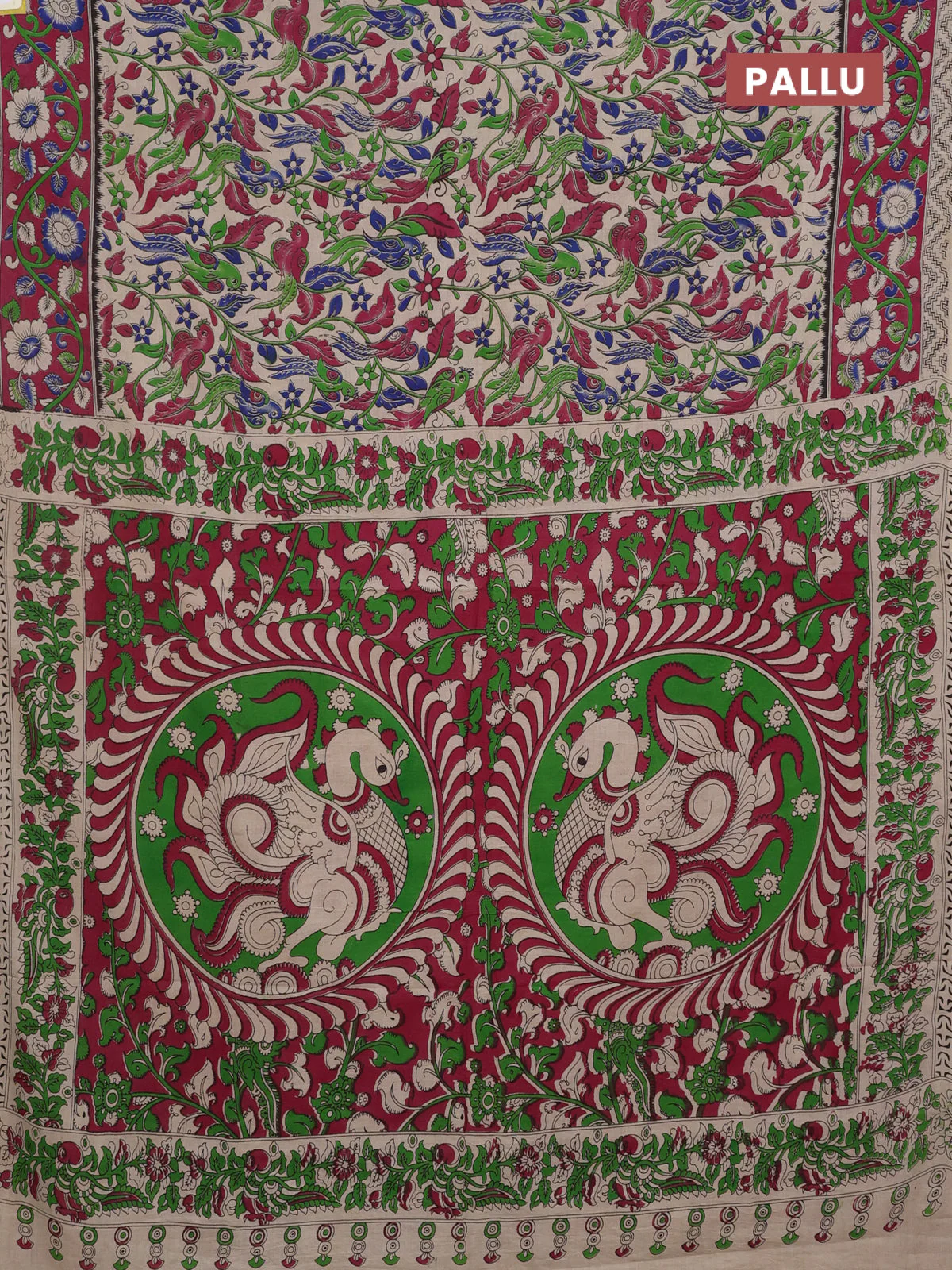 Kalamkari cotton saree beige and magenta pink with allover prints and printed border - Image 3