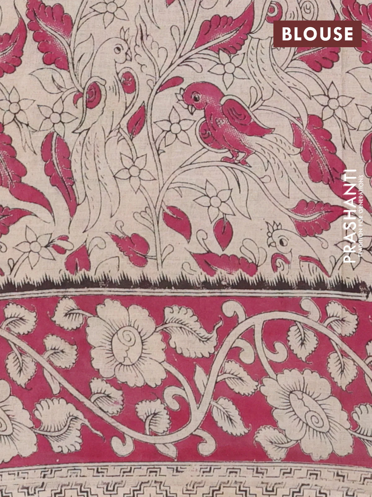 Kalamkari cotton saree beige and magenta pink with allover prints and printed border - Image 4