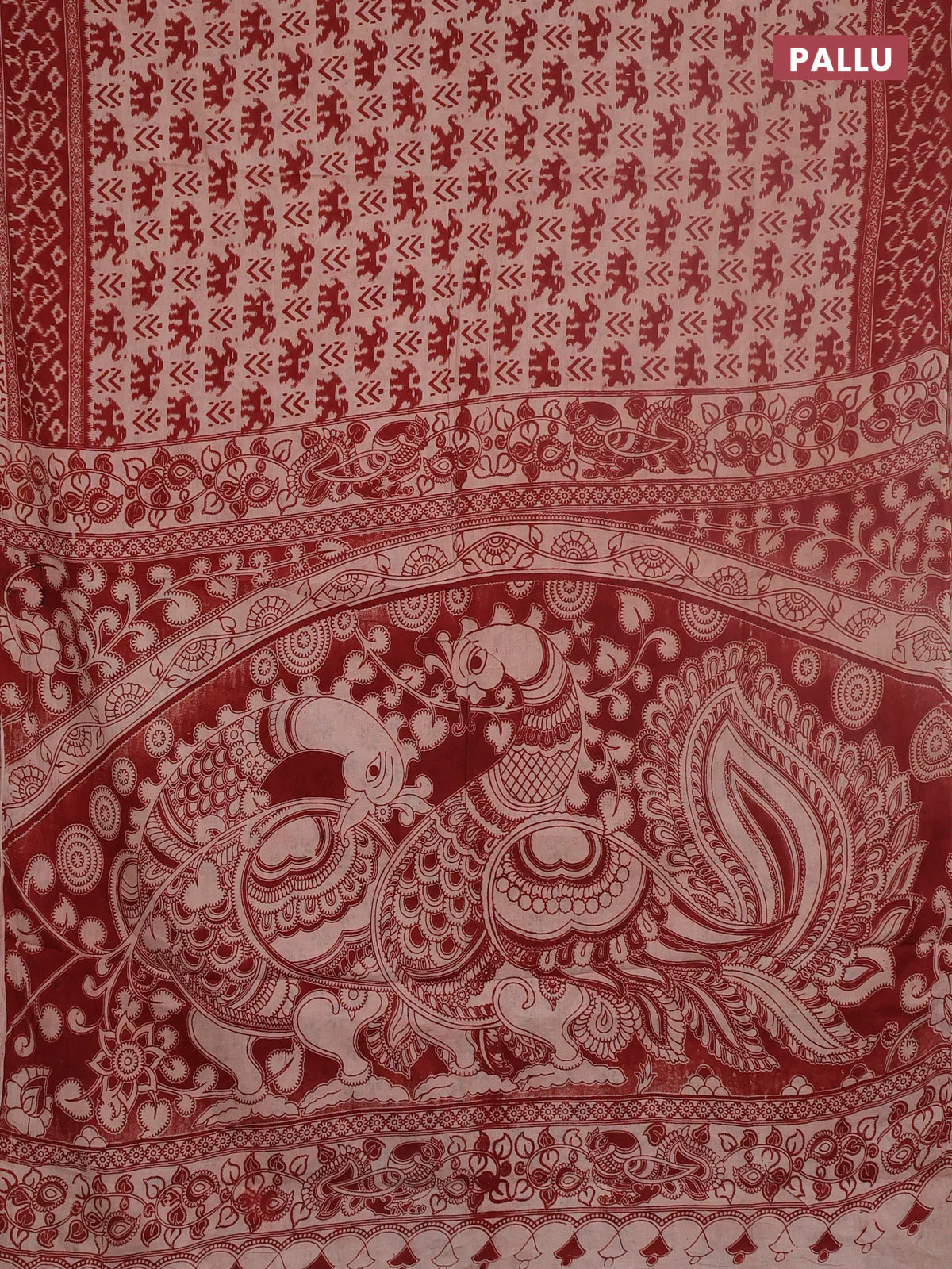 Kalamkari cotton saree beige and maroon with allover ikat prints and printed border - Image 3