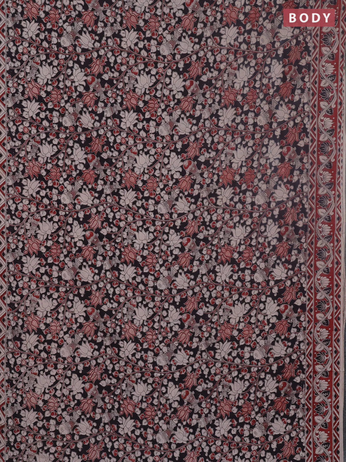 Kalamkari cotton saree beige and maroon with allover prints and printed border - Image 2