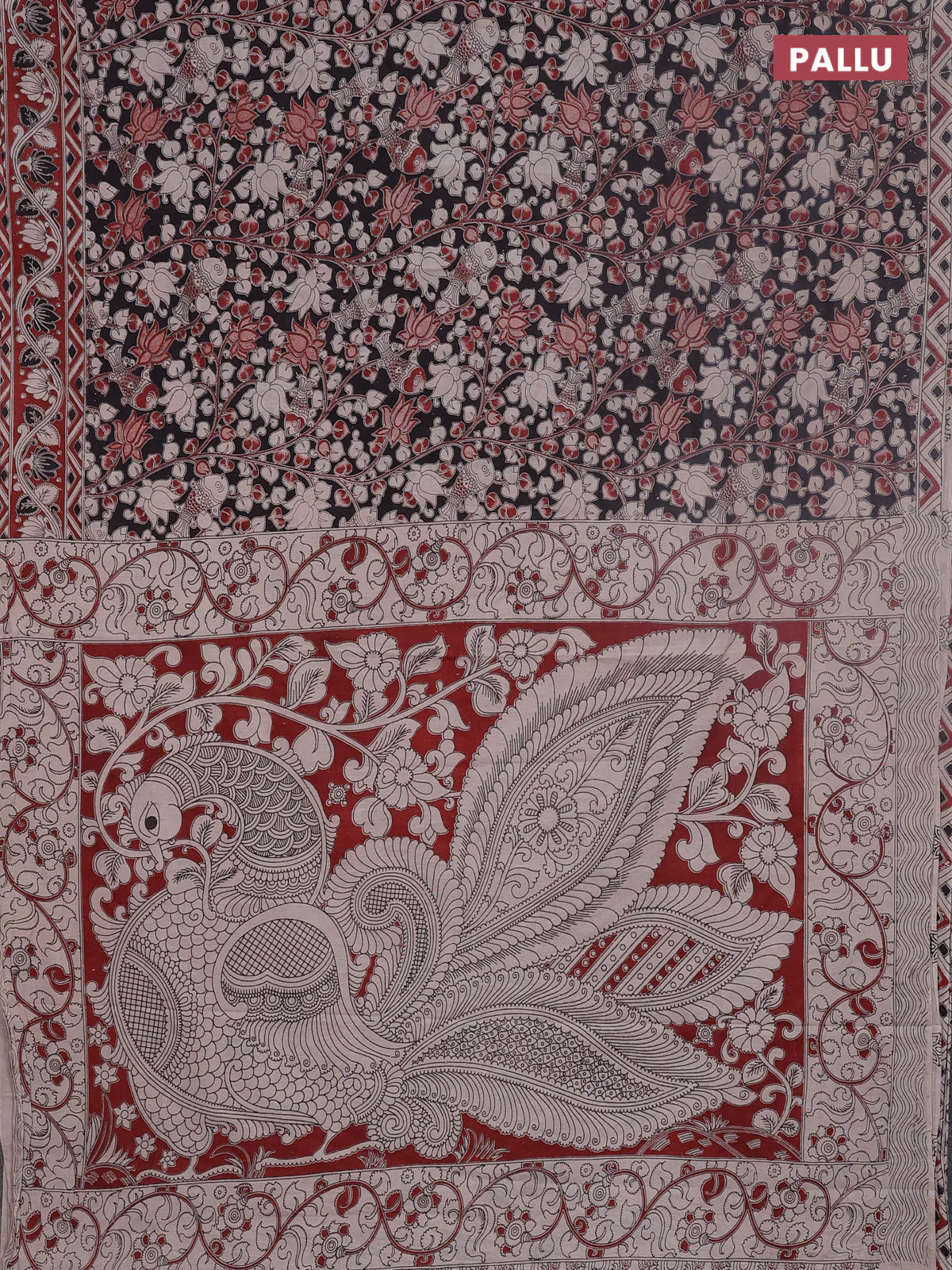 Kalamkari cotton saree beige and maroon with allover prints and printed border - Image 3