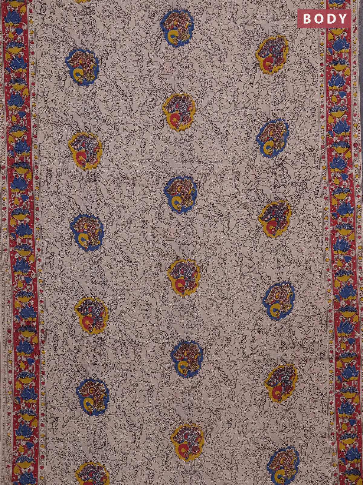 Kalamkari cotton saree beige and maroon with allover prints and printed border - Image 2