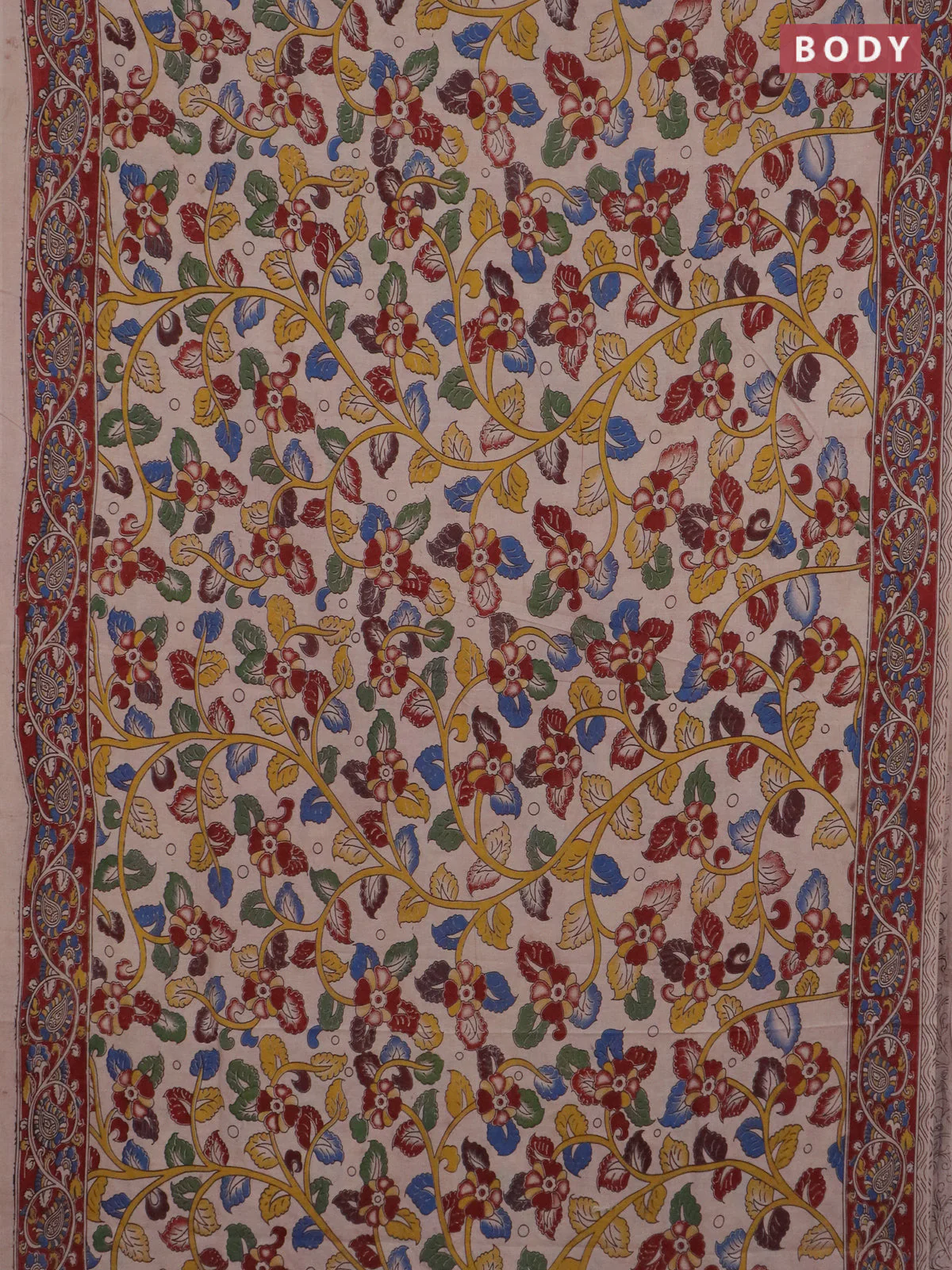 Kalamkari cotton saree beige and maroon with allover prints and printed border - Image 2