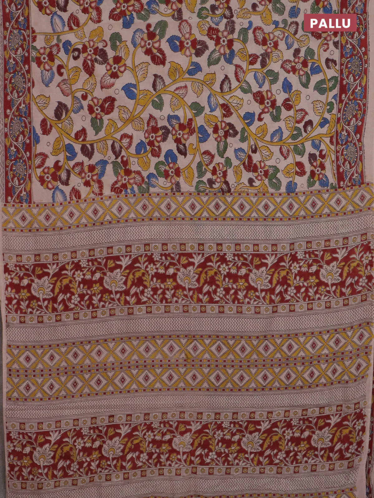Kalamkari cotton saree beige and maroon with allover prints and printed border - Image 3