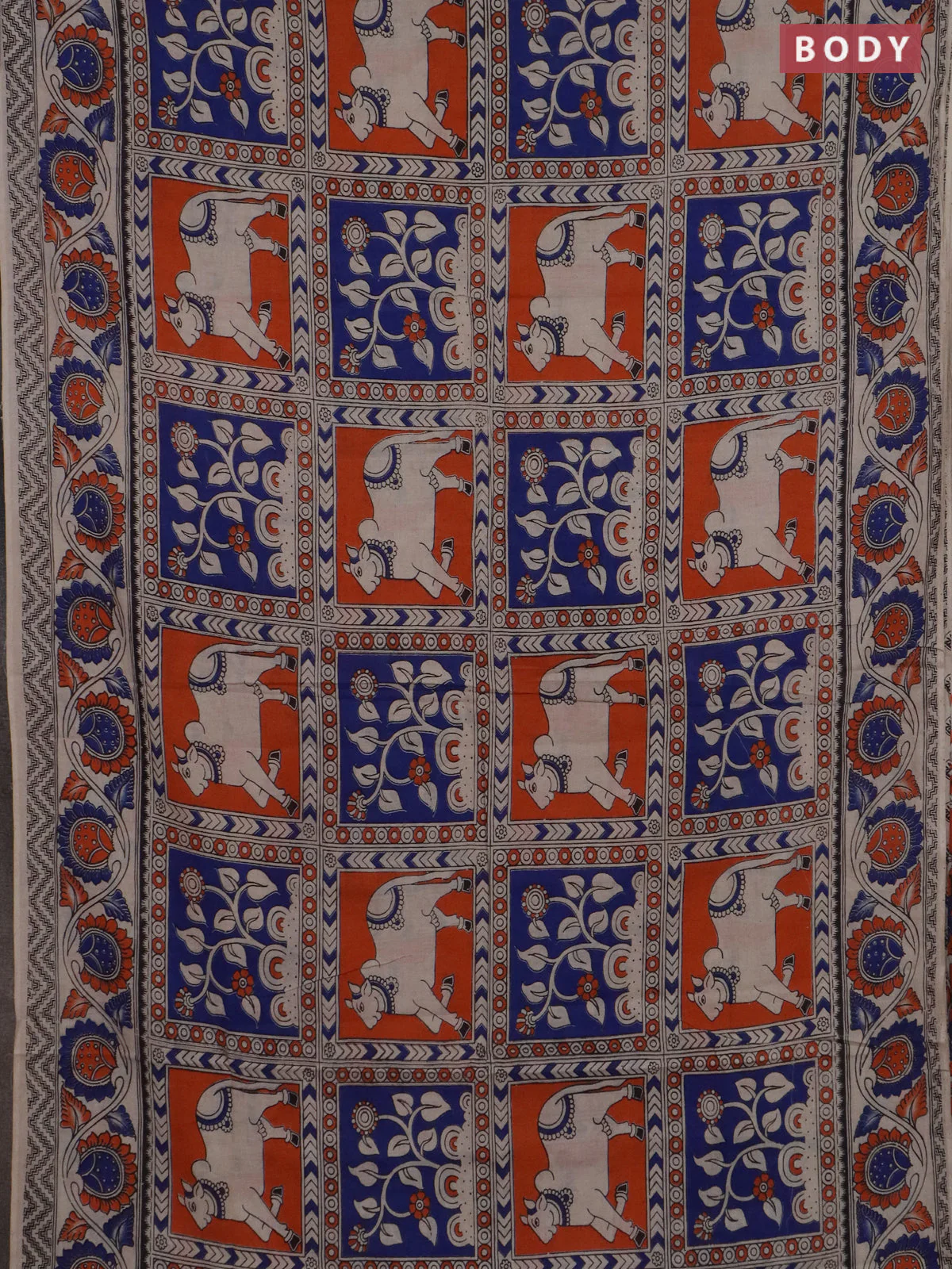 Kalamkari cotton saree beige and orange with allover pichwai prints and printed border - Image 2