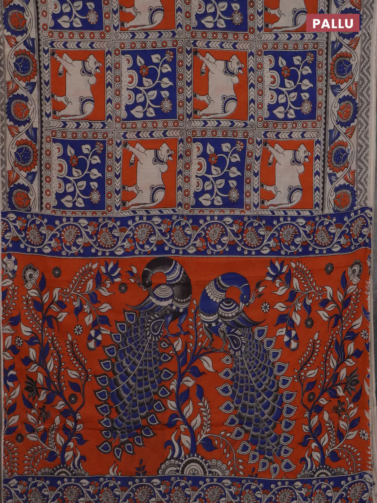Kalamkari cotton saree beige and orange with allover pichwai prints and printed border - Image 3