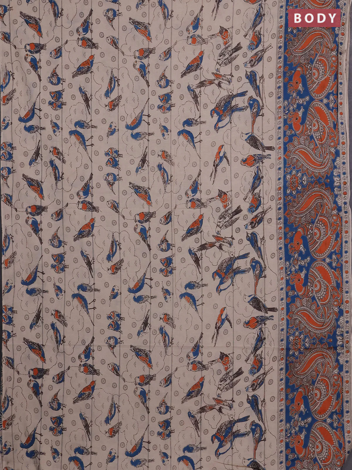 Kalamkari cotton saree beige and orange with allover prints and long printed border - Image 2