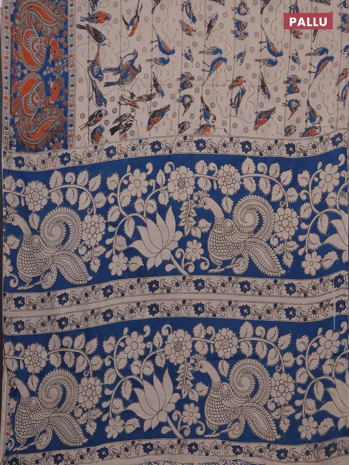 Kalamkari cotton saree beige and orange with allover prints and long printed border - Image 3