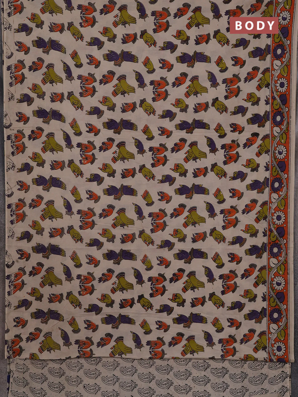 Kalamkari cotton saree beige and orange with allover prints and printed border - Image 2
