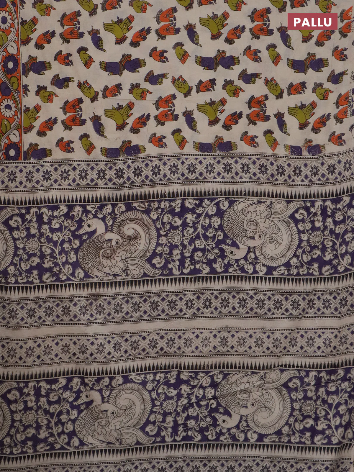 Kalamkari cotton saree beige and orange with allover prints and printed border - Image 3